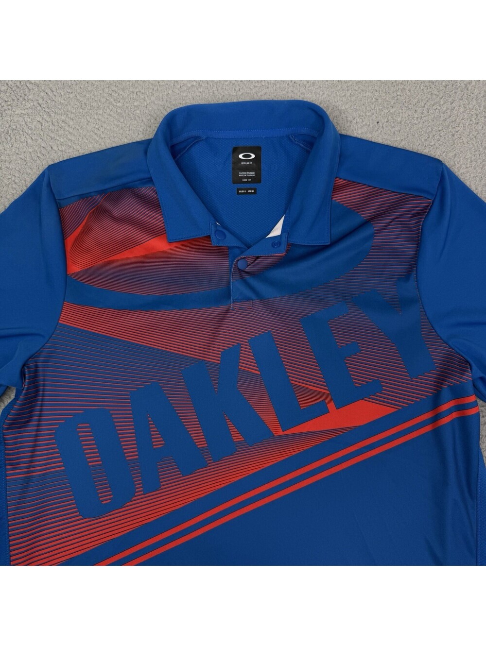 Oakley Mens Polo Shirt Large Regular Fit Blue Big Print Stretch Golf Top
